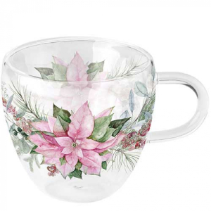 pink pointsetta dubbelwandig theeglas
